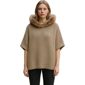 Linda Richards Wool Blend Fur-Trimmed Knit Poncho Raccoon Fur Collar NWT